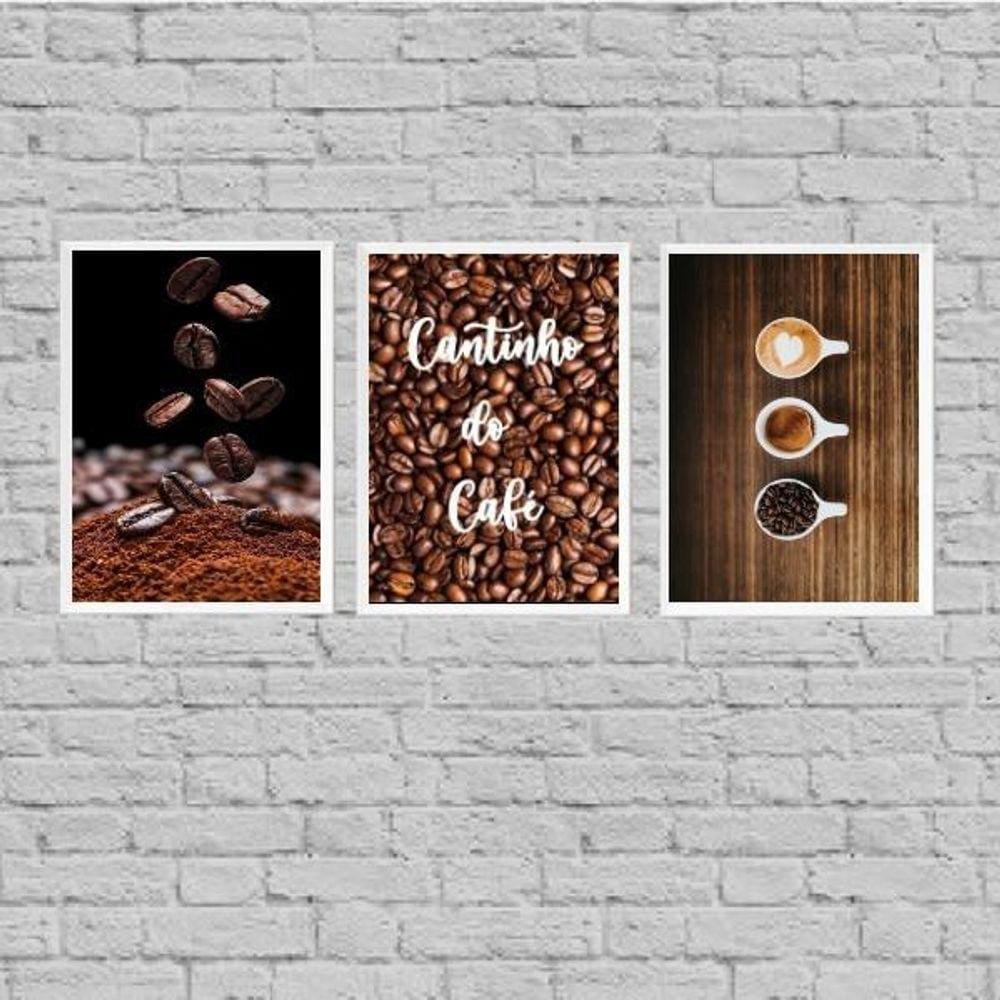 Kit 3 Quadros Cantinho Do Café Grãos 24X18Cm - Vidro Branca