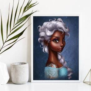 Quadro Princesa Elsa Negra 24x18cm - Com Moldura Branca