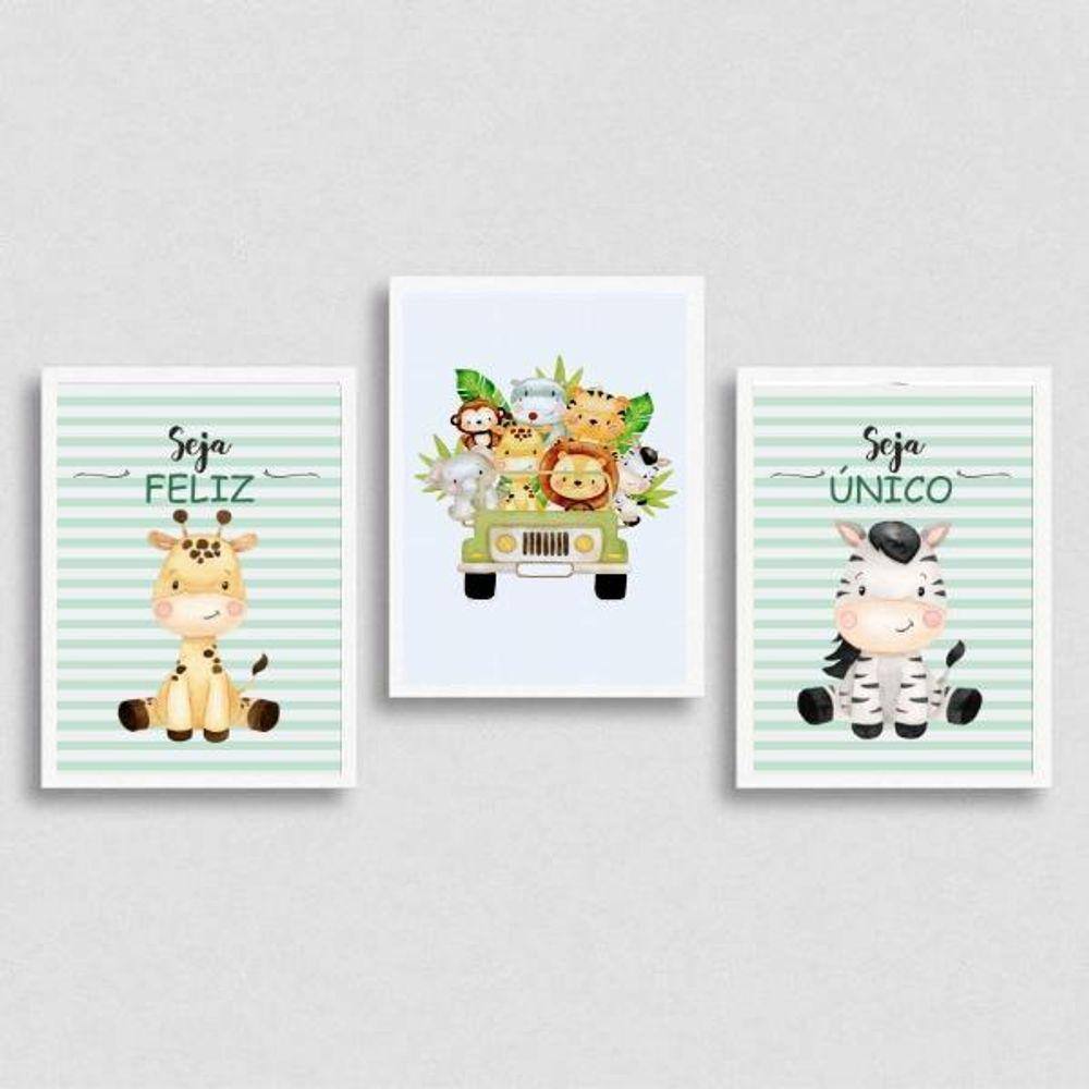 Kit 3 Quadros Safari Infantil 24x18cm - Madeira Branca