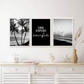 Kit 3 Quadros Praia Preto E Branco Ore Espere Confie 45X34Cm