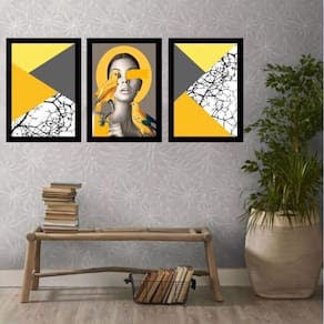 Kit 3 Quadros Geométricos Mulher Cinza E Amarelo 45X34Cm