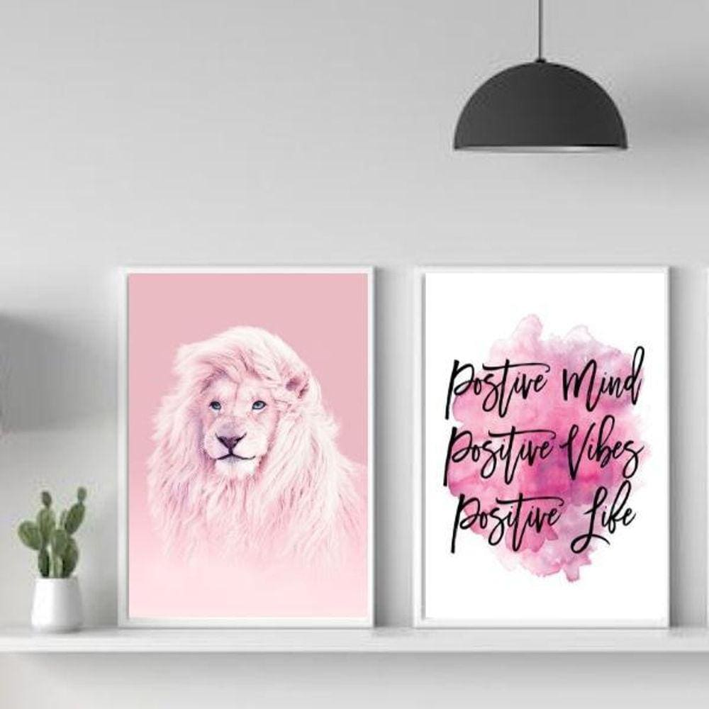 Kit 2 Quadros Leão Rosa Positive Vibes 24x18cm - Com Vidro