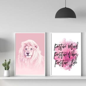 Kit 2 Quadros Leão Rosa 45x34cm - Vidro e Moldura Preta