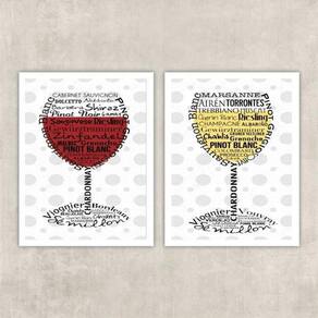 Kit 2 Quadros Vinho Branco E Vinho Tinto 24X18Cm - Com Vidro