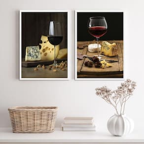 Kit 2 Quadros Rústicos Queijos e Vinhos 24x18cm