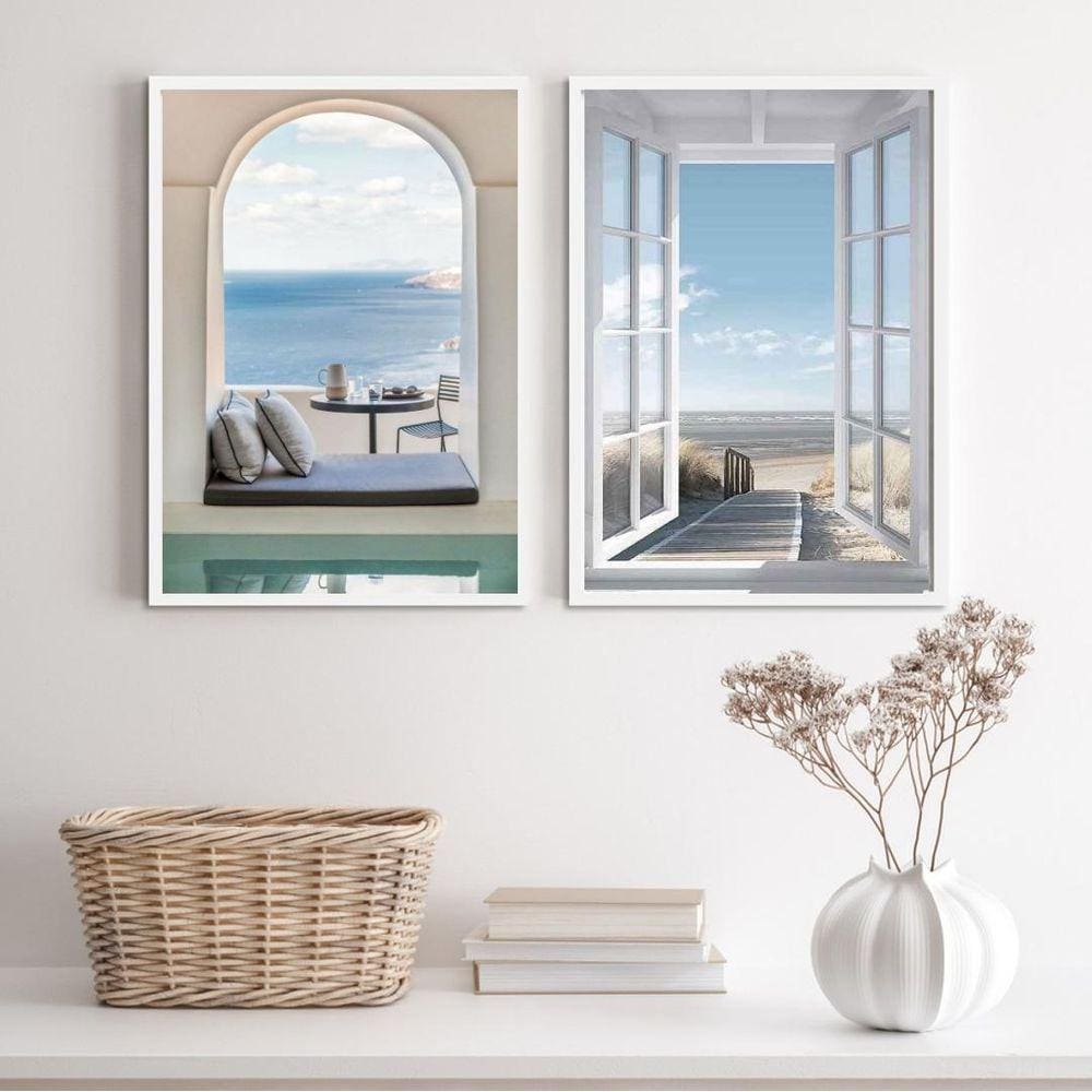 Kit Quadros Praia 33x24cm - Vidro e Moldura Branca