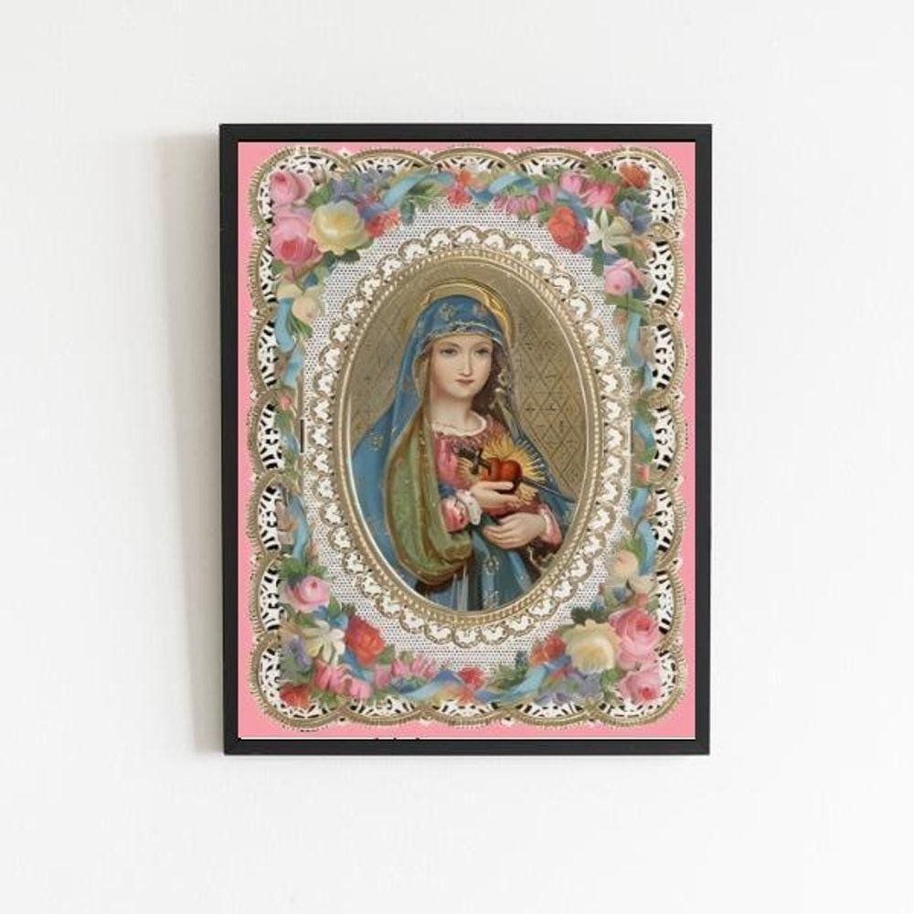Quadro Coração De Maria Vintage 45x34cm - Vidro Preta
