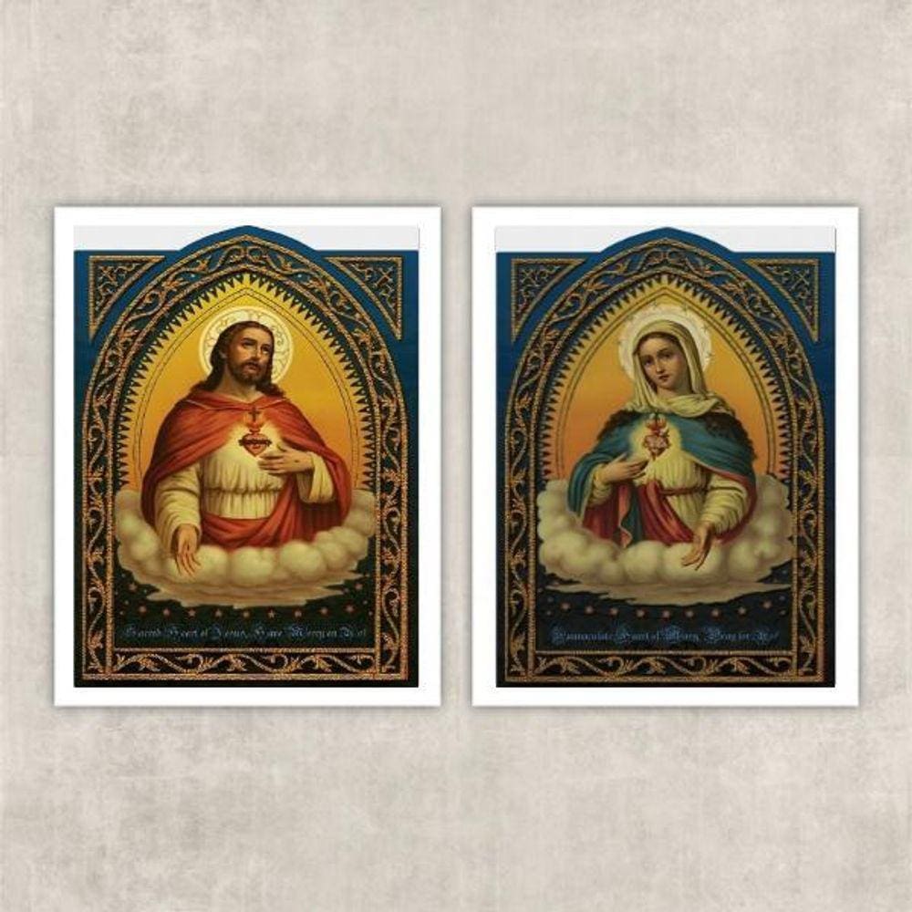 Kit 2 Quadros Sacros Coração Jesus Maria 45x34 Vidro Branca
