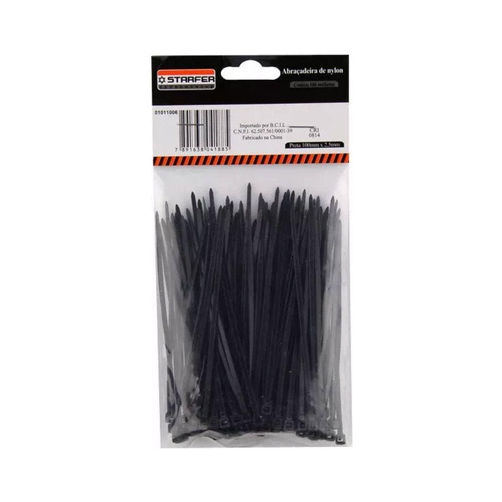 Abraçadeira Nylon Starfer Preta 100x2,5mm 100 unidades