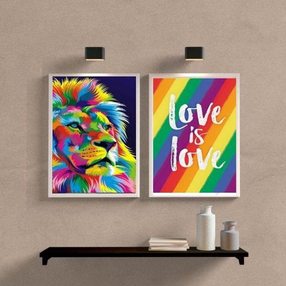 Kit 2 Quadros Leão Colorido Love is Love 45x34cm - Com Vidro