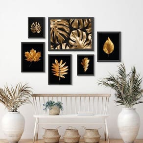 Kit 6 Quadros Folhas Douradas Fundo Preto - com Vidro