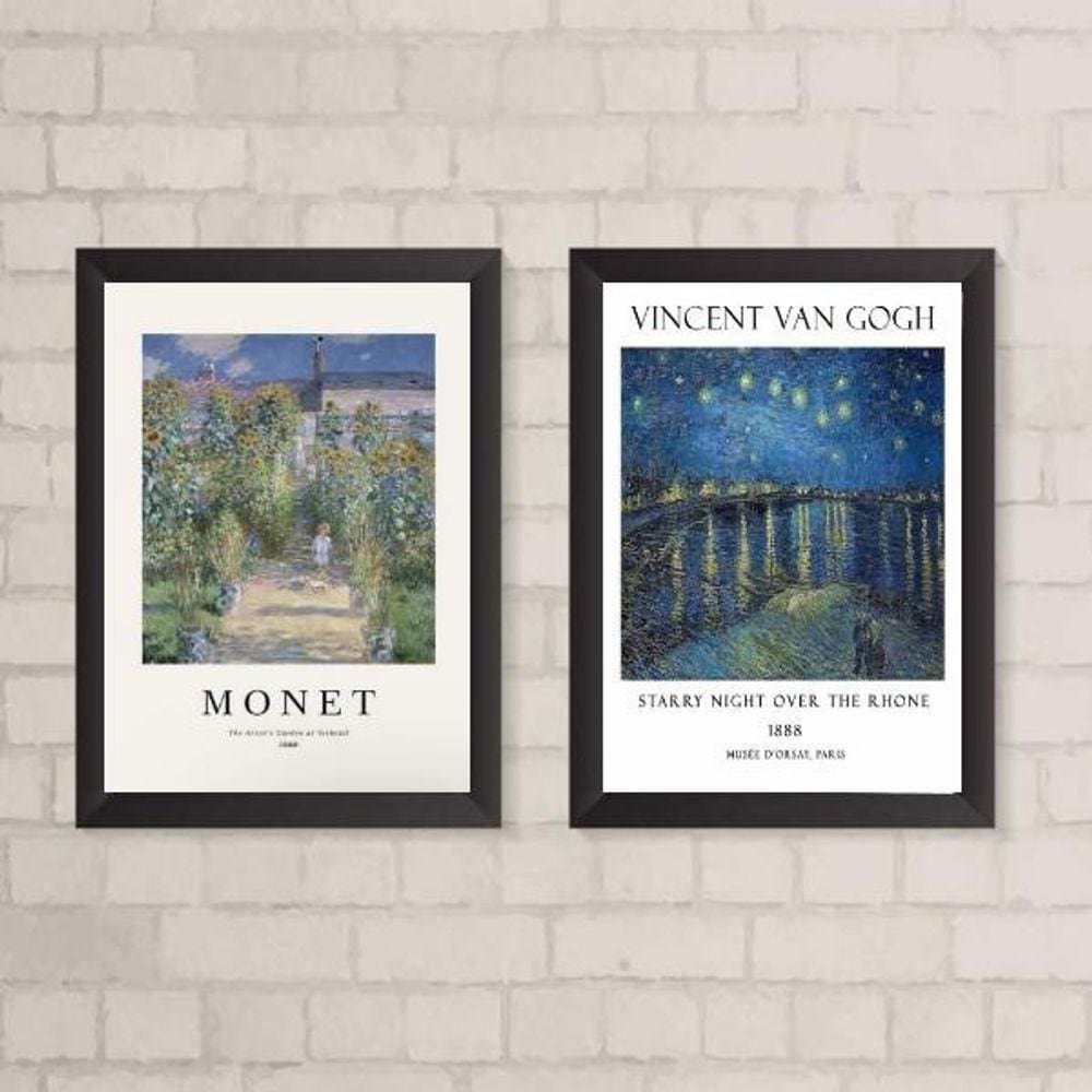 Kit 2 Quadros Paisagens Monet/Van Gogh 33x24cm - Branco
