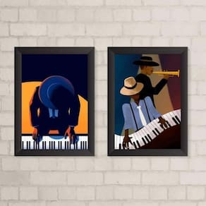 Kit 2 Quadros Homem Tocando Piano 33x24cm Moldura Branca