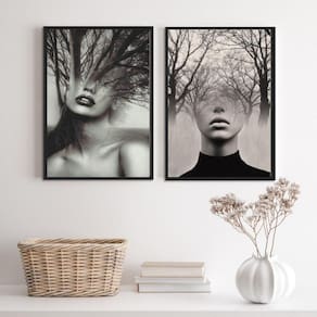 Kit 2 Quadros Abstrata Mulher Árvore 33x24cm Moldura Preta