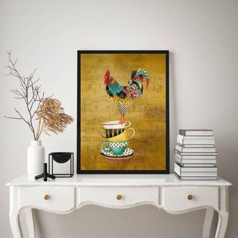 Quadro Cozinha Galo Country 33x24cm - Vidro e Moldura Branca