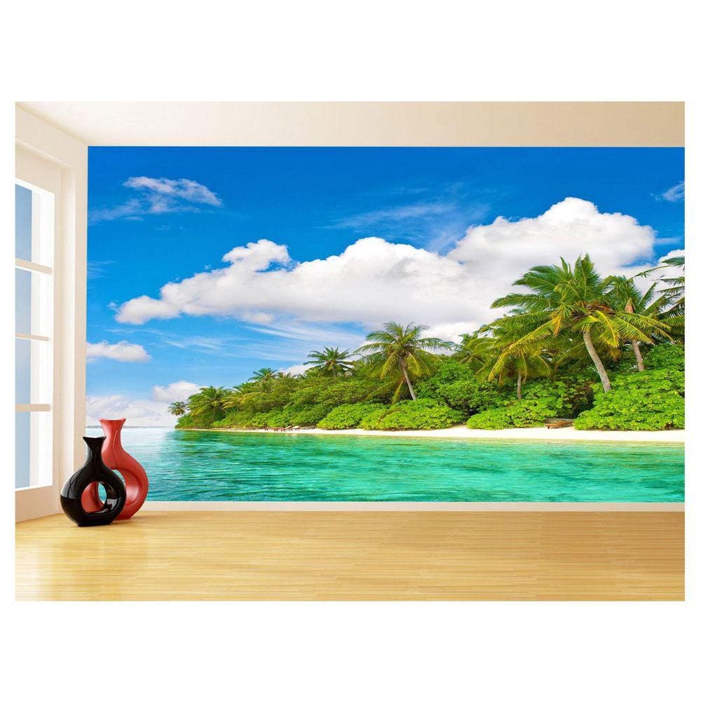 Papel De Parede Coqueiros Praia Mar Azul Água 3,5M Npr281