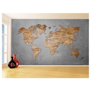 Papel De Parede 3D Mapa Mundi Madeira Concreto 3,5M Nmu60