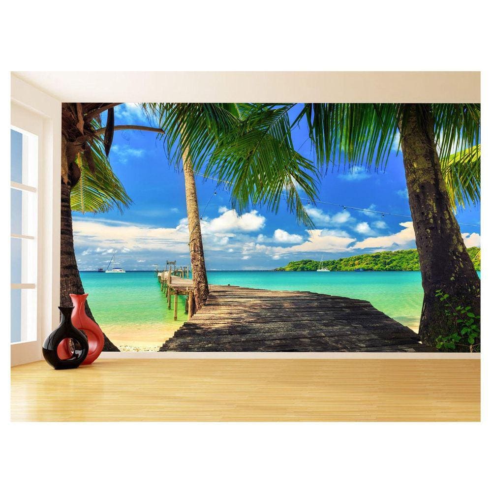 Papel De Parede 3D Praia Mar Ponte Madeira Céu 3,5M Npr316