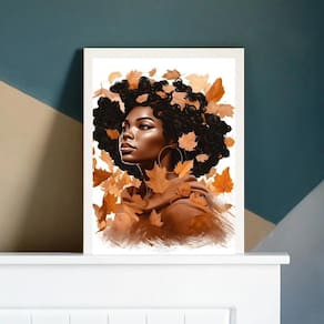 Quadro Mulher Negra Folhas Outono 24x18cm - Madeira Branca