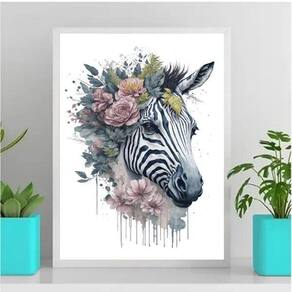 Quadro Zebra Aquarela 45x34cm - Vidro - Moldura Branca