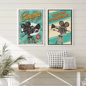 Kit 2 Quadros Cinema Retrô Azul 45x34cm Moldura Preta