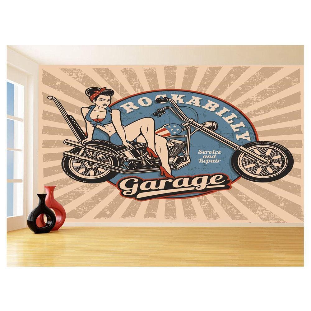 Papel De Parede 3D Moto Retrô Arte Pinup Custom 3,5M Bkm129