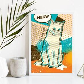 Quadro Gato Pop Art 45x34cm - Vidro e Moldura Preta