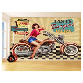 Papel De Parede 3D Moto Retrô Arte Pinup Custom 3,5M Bkm128