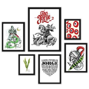 Kit 6 Quadros São Jorge - Madeira Branca - Medidas Variadas