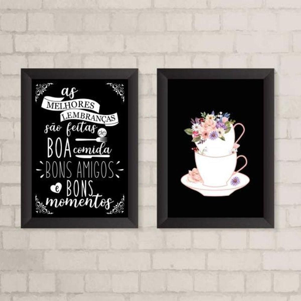 Kit 2 Quadros Café Cozinha 33x24cm - Vidro e Moldura Branca