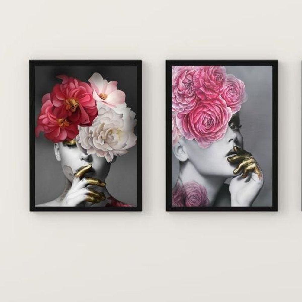 Kit 2 Quadros Mulher/Flores Dourado 24x18cm Moldura Branca