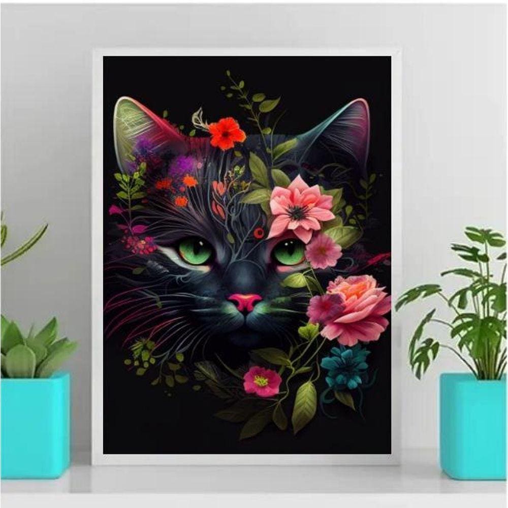 Quadro Decorativo Cute Cat 33x24cm - Moldura Madeira Preta