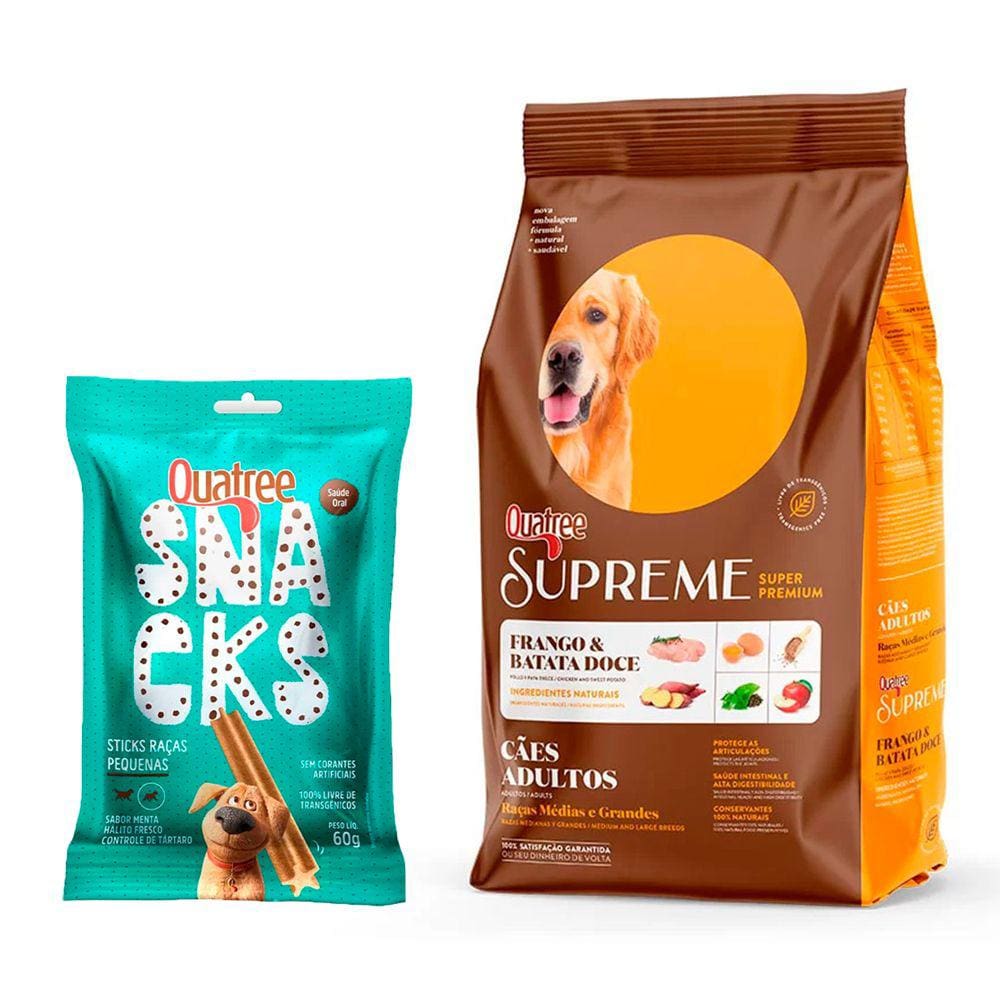 Ração Quatree Supreme Cães Adultos Raças Médias e Grandes Frango e Batata Doce 20kg + Surpresa
