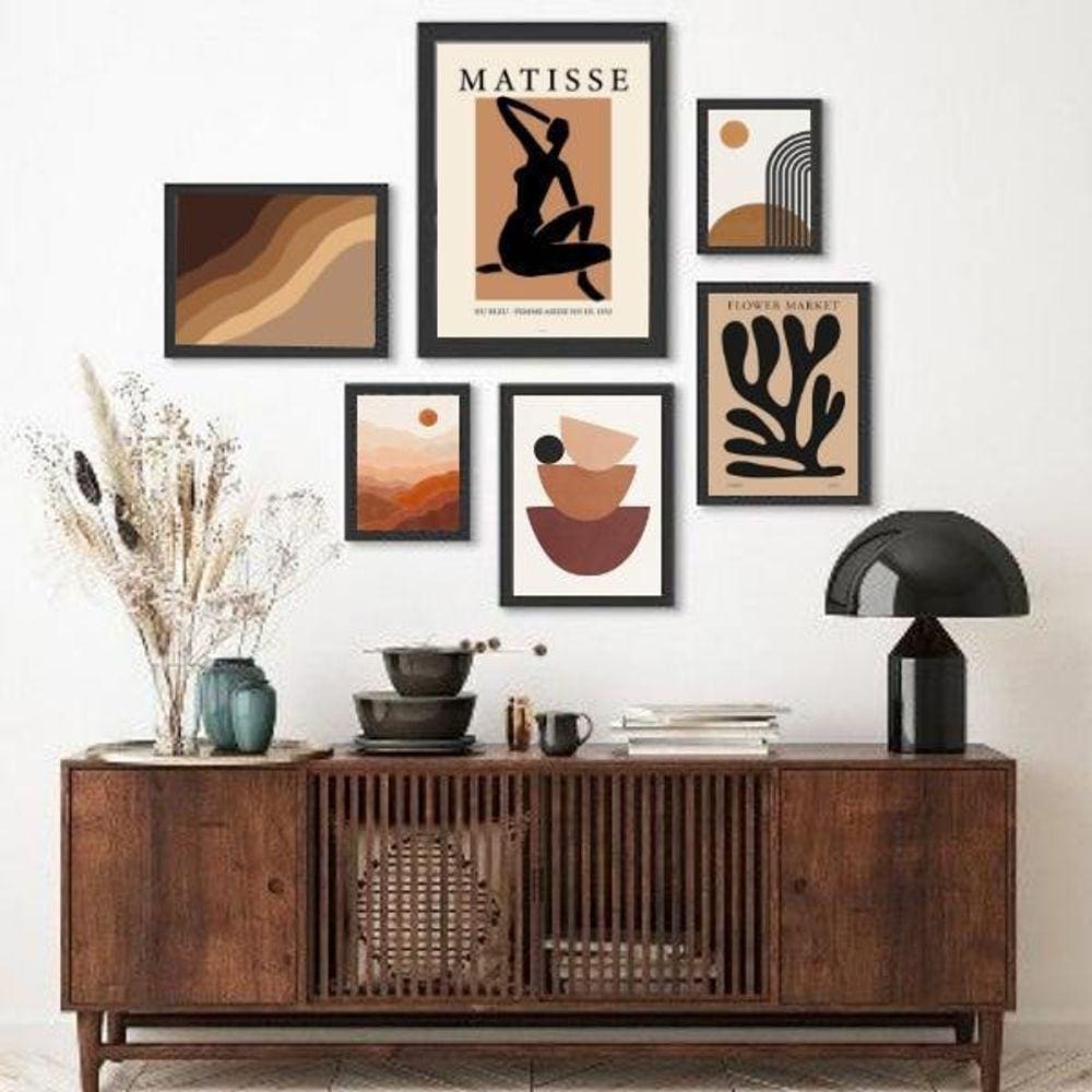 Kit 6 Quadros Minimalistas Marrom/Preto - c/ Vidro
