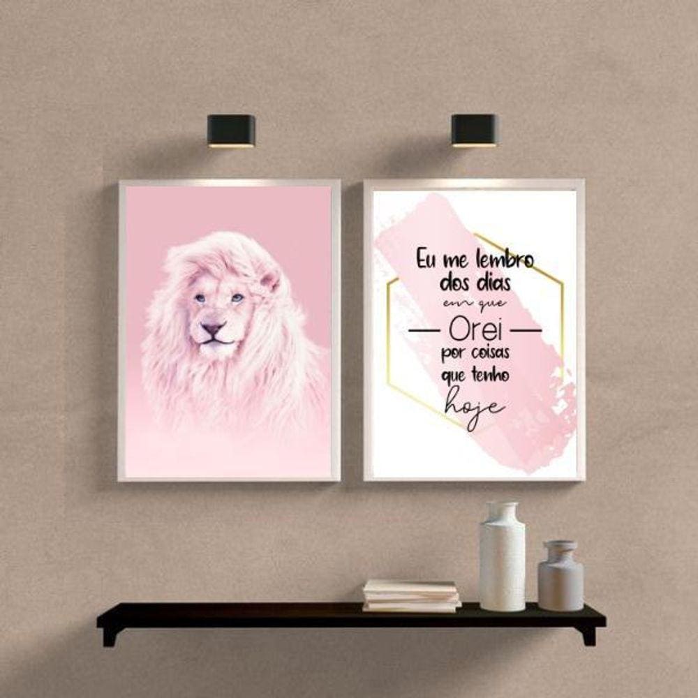 Quadros Leão Rosa 33x24cm Moldura Branca