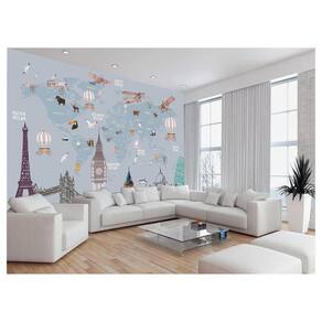 Papel De Parede 3D Mapa Mundi Kids Avião Balão 3,5M Nmu94