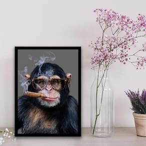 Quadro Chipanzé Hipster 24X18Cm Com Vidro Madeira Preta