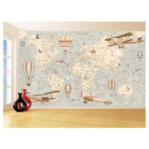 Papel De Parede 3D Mapa Mundi Kids Avião Balão 3,5M Nmu93
