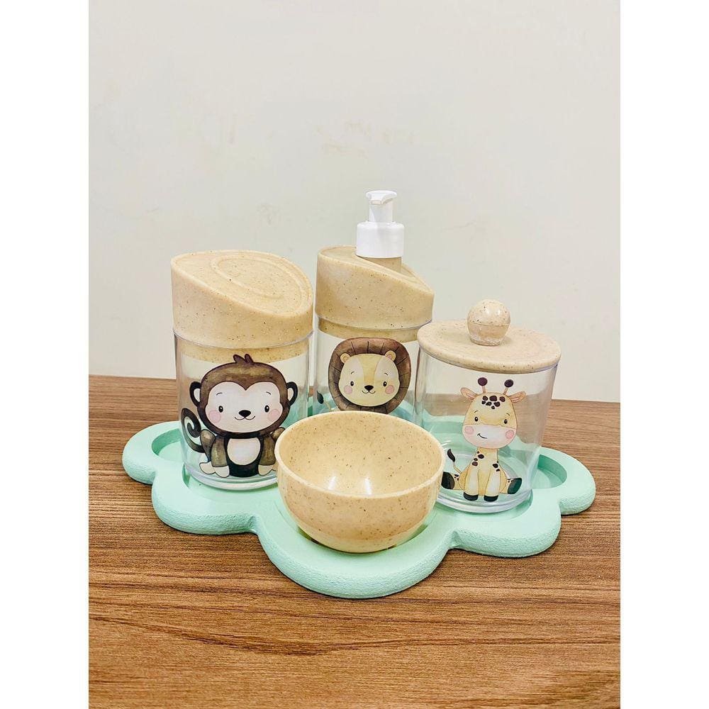 Kit Higiene Transparente Leão, Macaco, Girafa Madeira C/Bandeja Nuvem Verde