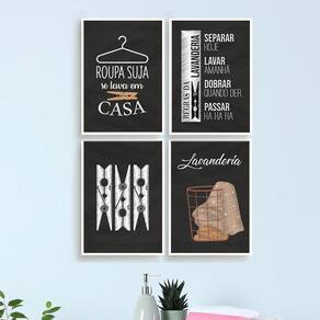 Kit 4 Quadros Decorativo Lavanderia Giz 45X34CmVidro Preta