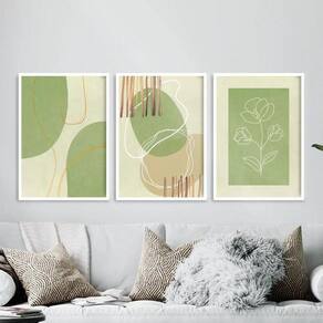 Kit 3 Quadros Decorativos Abstratos Verde e Bege - 45x34cm