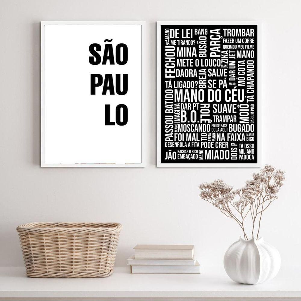Kit 2 Quadros Gírias SP P&B 45x34cm - Moldura Madeira Preta