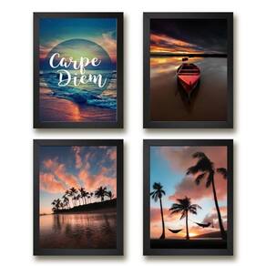 Kit 4 Quadros Praia Por do Sol Carpe Diem 24x18cm