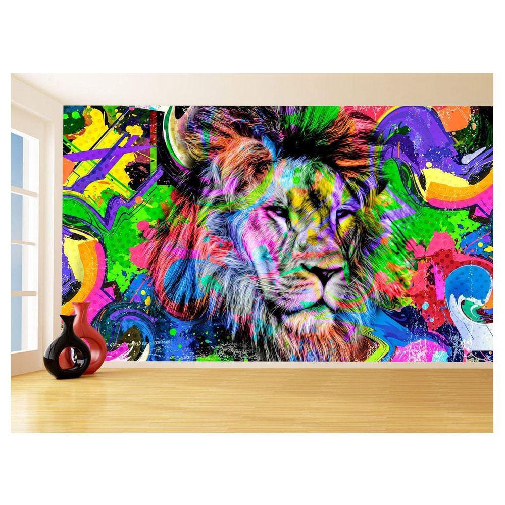 Papel De Parede Animais Leão Rosto Arte Cores 3,5M Anm463