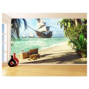 Papel De Parede 3D Coqueiros Praia Navio Pirata 3,5M Npr303