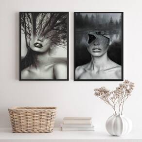 Kit 2 Quadros Abstrata Mulher Natureza 45x34cm - Vidro