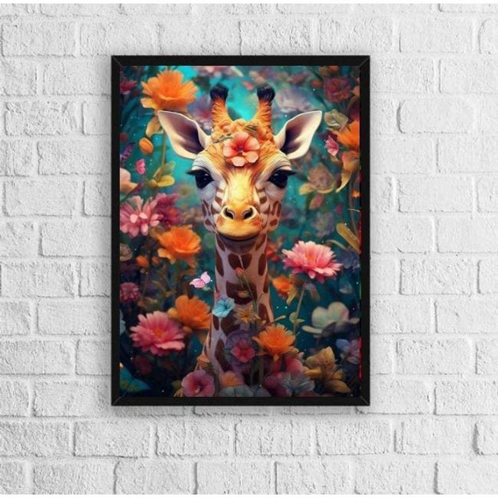 Quadro Decorativo Girafa Flores 45x34cm - Vidro Preta