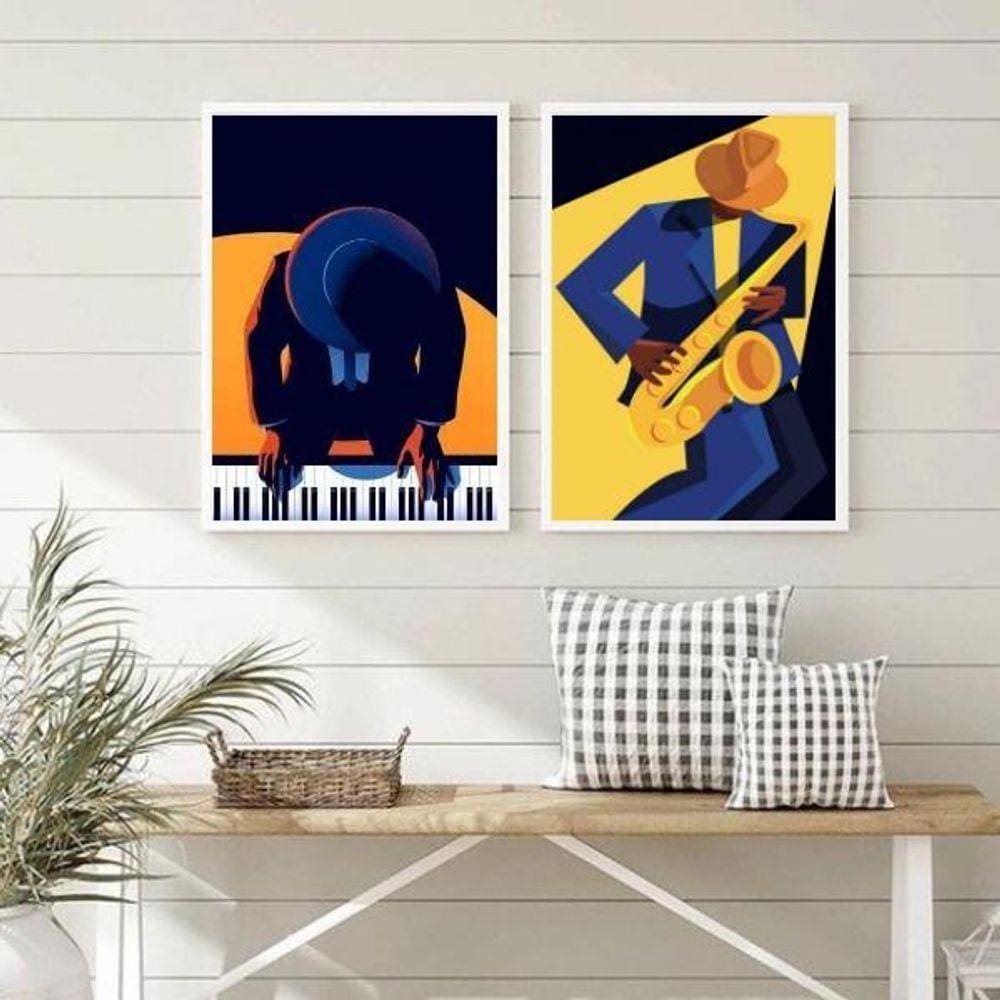 Quadros Decorativos Musicos Saxofone e Piano 45x34cm - Vidro