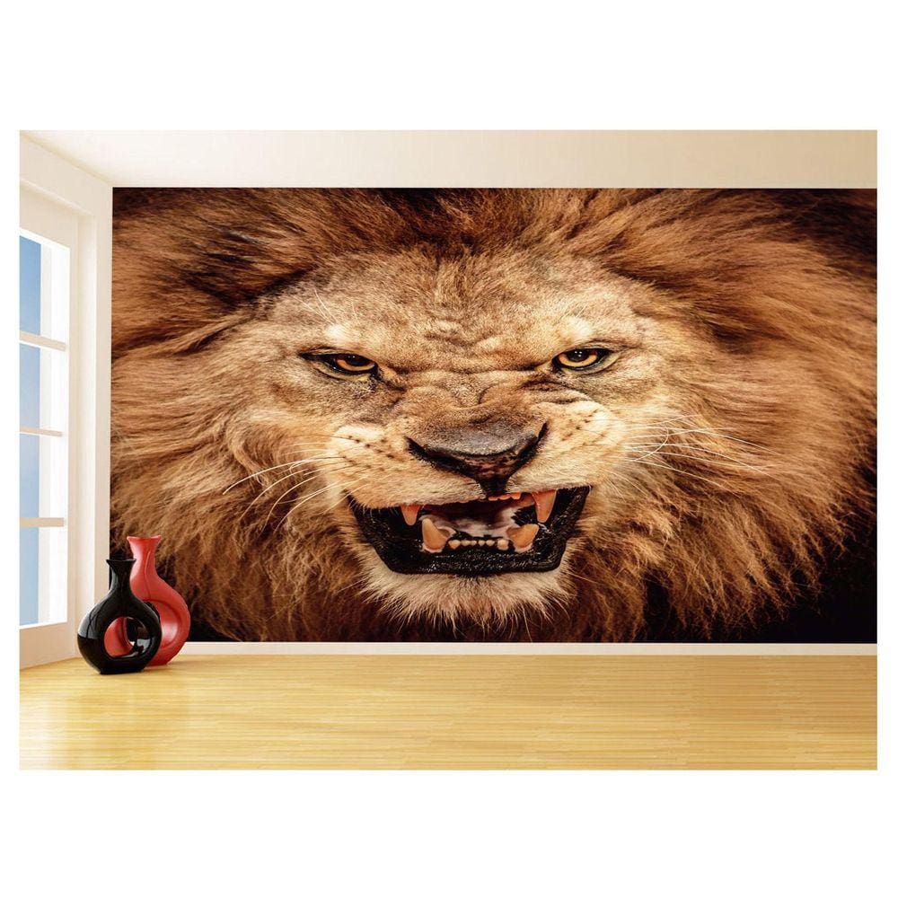 Papel De Parede 3D Animais Leão Olhando Rosto 3,5M Anm473