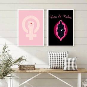 Kit 2 Quadros Viva La Vulva 33x24cm - Vidro, Moldura Preta